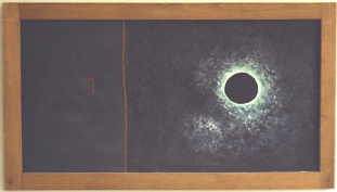 Schwarze Sonne 1 (Holzrahmen, Ölfarbe) von T. Sora